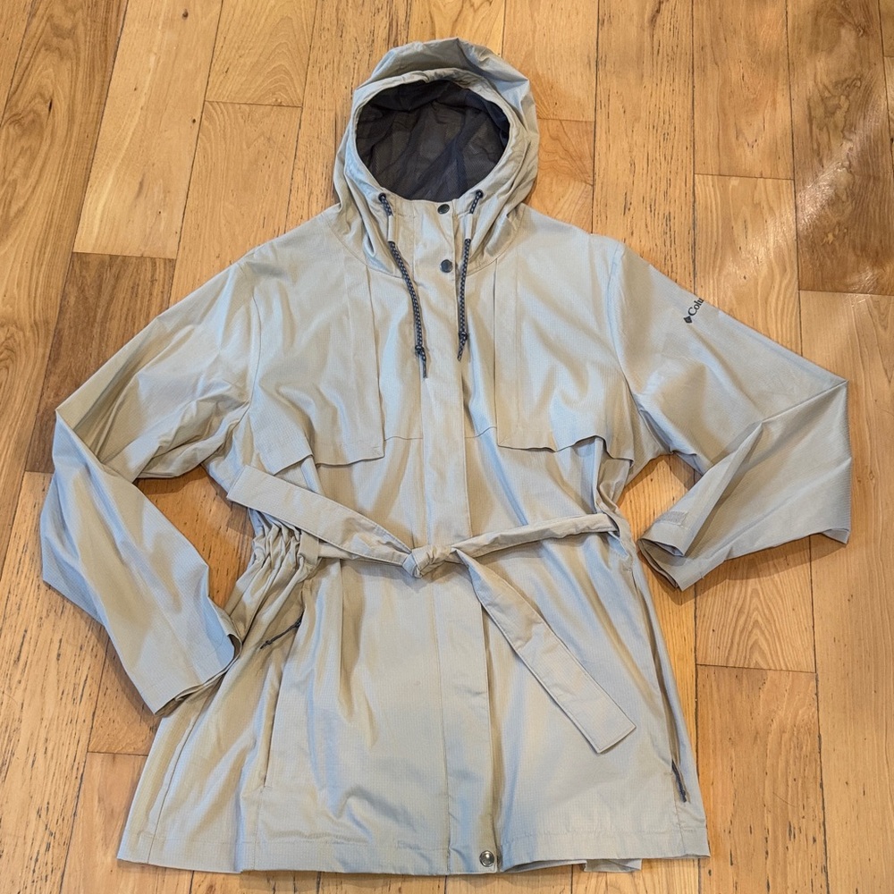 Columbia Khaki Water Resistant Tie Waist Trench Hooded Rain Jacket 1X